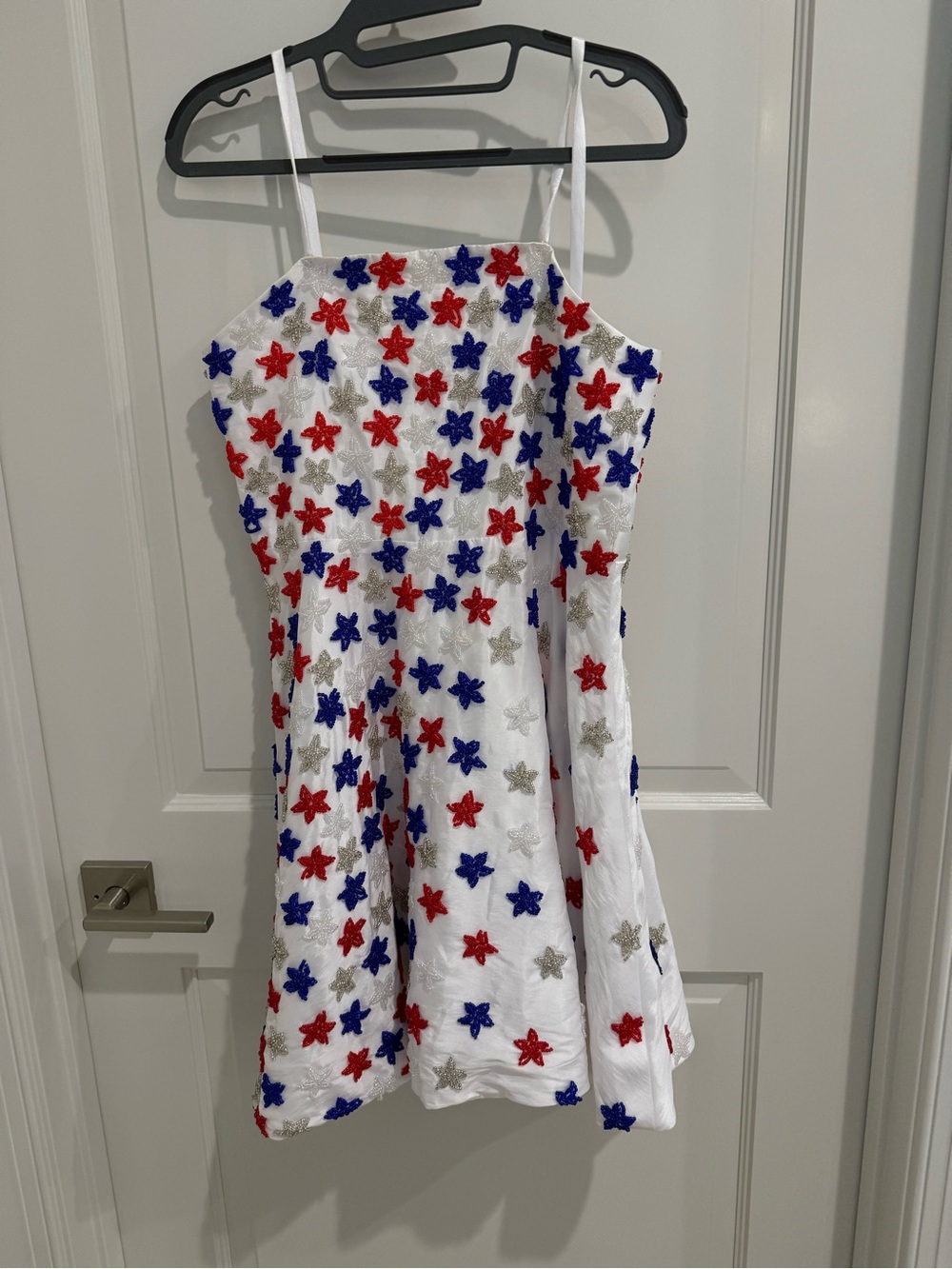 White Spaghetti Strap Dress size 8 with Red, Blue & Silver Star beads